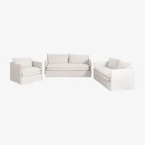 Zestaw Do Salonu Z Sofą 2-osobową, Sofą 3-osobową Oraz Lniano-bawełnianym Fotelem Grace Tkaniny Distressed White - Sklum