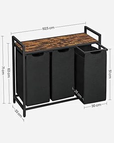 Kosz na bieliznę z półką BERGEN, 3x38l, czarny/brązowy SongmicsHome