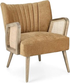 Musztardowy fotel z tkaniny z efektem aksamitu, drewniane nogi i podłokietniki - VIRNA