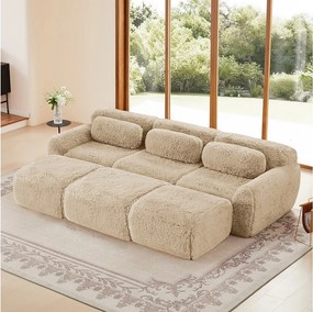 Modułowa Sofa Narożna w tkaninie pluszowej, z 3 pufami i 3 poduszkami, 291x179x73cm, Khaki