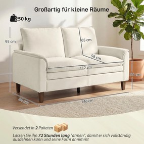 HOMCOM 146 cm dwuosobowa sofa, sofa z chenille, dwuwarstwowe tapicerowanie, poduszki sprężynowe, głębokie siedzisko, wysokie oparcie, kremowa | Aosom PL