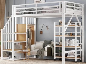 Łóżko na antresoli 90x200 cm - z półką przechowawczą i kółkami - z wieszakiem i drabiną - Metal + MDF - Biały + Naturalny