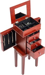 Szkatułka na Biżuterię SucceBuy z Drewnianymi Nóżkami, Skrzynia na Biżuterię z 3 Szufladami, Składane Lusterko, 4 Górne Przedziały, Rączki