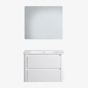 Zestaw Mebli Łazienkowych Z Drewna Z Wbudowaną Umywalką Egerton Biała & Prostokątny Led I Przeciwmgielny 80x70 Cm Gualar & Bez Kranu - Sklum