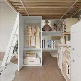 Łóżko piętrowe dla dzieci - 90 x 200 cm - ze zjeżdżalnią + szafa + półka - sosna + MDF - białe