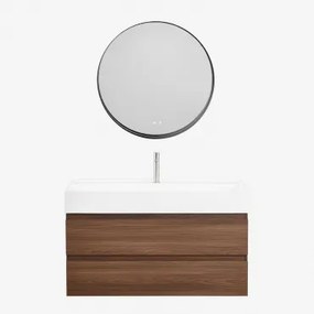 Zestaw Wiszących Mebli Łazienkowych Z Drewna I Forniru Jesionowego Zintegrowany Z Umywalką Ona Ciemna Czerń - Sklum