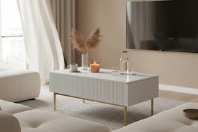 Stolik kawowy Nicole 120 cm z szufladami i metalowymi nogami - biały mat / złote nóżki