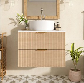 Wiszące meble łazienkowe - z okrągłą ceramiczną umywalką - wygląd słoi drewna - z 2 szufladami - biały + Naturalny (kran nie jest wliczony w cenę)