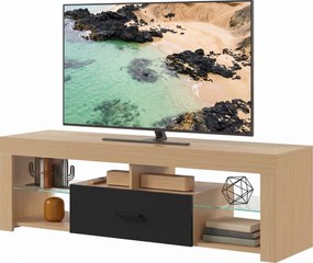 HOMCOM Lowboard RTV do telewizorów do 165,1 cm, nowoczesna szafka RTV z regulowanymi półkami szklanymi, dąb | Aosom PL