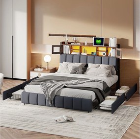 Łóżko tapicerowane 160x200cm z USB i gniazdkami, łóżko małżeńskie z 4 szufladami, pojemnik na pościel z LED, pościel, kolor czarny