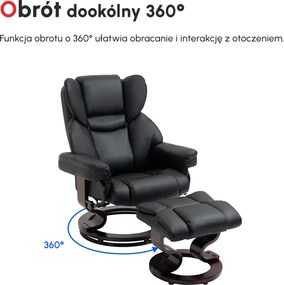 HOMCOM Fotel relaksacyjny z obrotowym pufem funkcja leżenia do oglądania TV ekoskóra czarny | Aosom PL