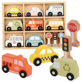 Tooky toy zestaw drewnianych pojazdów i znaków drogowych w pudełku