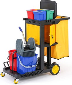 Profesjonalny wózek sprzątający z 6 wiadrami, uchwytami na mopy, szafką i workiem z pokrywą, 1120 × 710 × 1100 mm