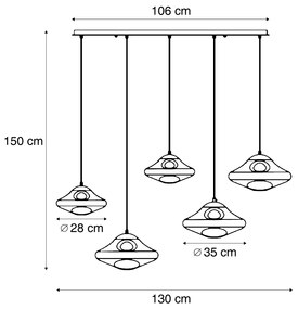 Lampa wisząca w stylu Hotel Chic mosiądz ze szkłem w kolorze bursztynowym 5-punktowa - GusElegancki hotelowy Oswietlenie wewnetrzne