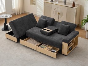 Nowoczesna sofa 3-osobowa - Regulowane oparcie w 3 pozycjach - Pufa ze schowkiem - 2 szuflady i uchwyt na kubki - Tkanina szenilowa - Szary
