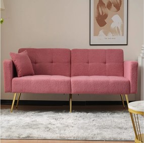 Sofa do salonu, różowy plusz, kanapa dwuosobowa z regulowanym, wyściełanym oparciem, złote nogi