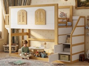 Łóżko piętrowe dla dzieci 90x200 cm - schody z miejscem do przechowywania - projekt balustrad i okien - drewno lite + MDF - Biały + Naturalny (bez materaca)