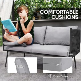 Outsunny Zestaw mebli ogrodowych dla 4 osób, odporny na warunki atmosferyczne, zestaw balkonowy z sofą dwuosobową, fotelami, stolikiem i poduszkami, Jasnoszary