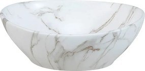 Biała okrągła umywalka ceramiczna z motywem marmuru R5-C11