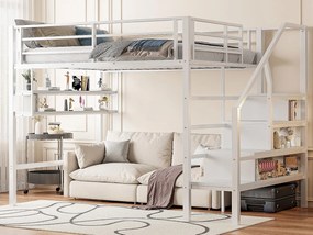 Łóżko mezzanine 140x200 cm z metalu - z półką i drabiną do przechowywania - Białe