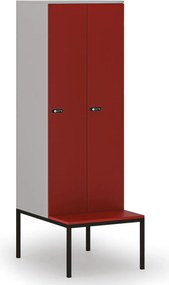 Drewniana szafa ubraniowa S4 z ławką, 2-drzwiowa, 1871 x 600 x 500/800 mm, demontaż, zamek mechaniczny z kodem, szary/czerwony