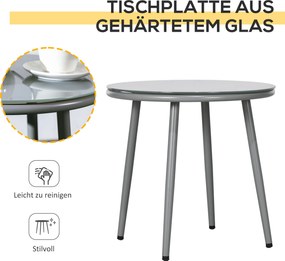 Outsunny Zestaw mebli ogrodowych, 2 krzesła &amp; 1 stolik z blatem szklanym, imitacja rattanu, odporny na warunki atmosferyczne, stalowy stelaż, szary