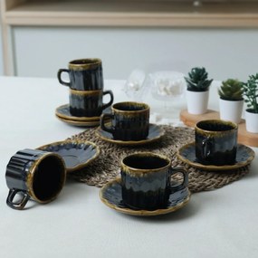 Zestaw 6 filiżanek z kamionki ze spodkami Elementa 185 ml, ciemnoniebieski