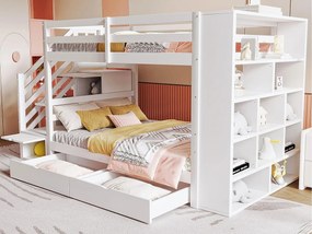 Łóżko piętrowe 90x200cm z drewna - z 2 szufladami i biblioteczką - Białe