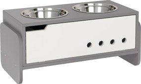 PawHut Podwyższona stacja karmienia dla psów, z miejscem na przechowywanie i matą przeciw połykaniu, 2 x 2000 ml miska ze stali nierdzewnej, szara