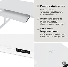 Biurko elektryczne sit-stand z szufladą i ładowarką bezprzewodową Qi białe, 1600 mm: ELLIS