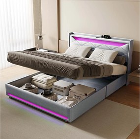 Tapicerowane łóżko z szarego lnu 140x200 cm z hydraulicznym schowkiem, wbudowanymi LED RGB i portami USB – nowoczesny design bez materaca