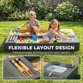 AIYAPLAY Piaskownica 2-częściowa 150x90 cm drewniana z siedziskiem, schowkiem, płytą grzewczą, wyjmowanym zlewozmywakiem i koralikami abakusa, żółta | Aosom PL