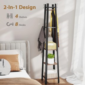 HOMCOM Wieszak na odzież z 4 poziomami, wolnostojący wieszak z 8 hakami, 4 półki, styl industrialny, metal, płyta wiórowa, brązowy