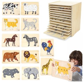 Viga zestaw puzzle drewniane 12 układanek zwierzątka montessori + stojak