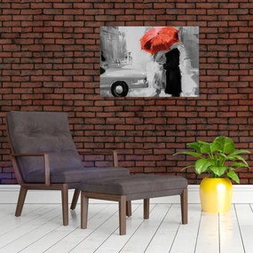 Obraz - Zakochana para pod parasolem, czerwony (70x50 cm)
