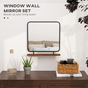 HOMCOM Lustro ścienne z półką, design vintage, metalowa rama, drewno paulowni, 55 x 55,5 cm, Czarne/Drewno