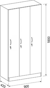Drewniana szafka ubraniowa S5, 3-drzwiowa, 1900 x 900 x 420 mm, zamek cylindryczny, orzech