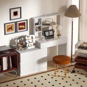 HOMCOM Toaletka, stolik do makijażu z dużym lustrem, 4 szuflady, 3 otwarte przegrody, 2 szafki, MDF, Biały