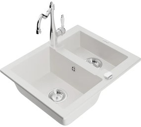 Mexen Carlos zlewozmywak granitowy 1,5-komorowy z baterią kuchenną Carla, biały - 6518-20-670700-00