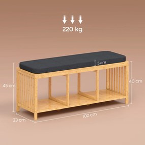 HOMCOM Bambusowa ławka na buty, ławka do przedpokoju z miękkim siedziskiem i otwartą półką, naturalny bambus | Aosom PL