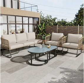 Zestaw mebli ogrodowych z ocynkowanej stali i liny - kanapa, 2 fotele i 2 stoliki nocne - Beżowy