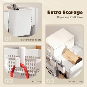 HOMCOM Regał na książki na kółkach, 4-poziomowy, regulowane półki i wiszące kosze do salonu i biura, biały | Aosom PL