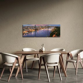 Obraz nocnego miasta Bratysławy z rzeką (z zegarem) (90x30 cm)