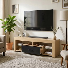 HOMCOM Lowboard RTV do telewizorów do 165,1 cm, nowoczesna szafka RTV z regulowanymi półkami szklanymi, dąb | Aosom PL
