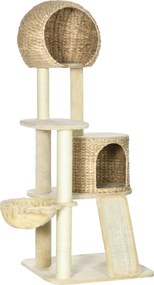 PawHut Drapacz dla Kota z Domkiem Platformy Hamak Mata do Drapania Zabezpieczenie Przeciwpadaniowe Beżowy 60x60x150cm | Aosom PL