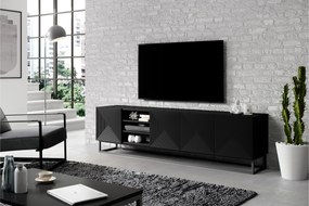 Szafka RTV Asha 200 cm ryflowana z wnęką i metalowym stelażem - czarny mat
