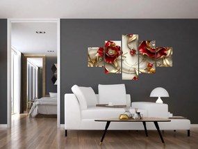 Obraz - 3D czerwono-złote kwiaty (125x70 cm)
