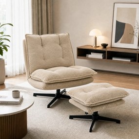 HOMCOM Fotel lounge z pufą, 360° obrotowy, tapicerka sztruksowa, regulowana podpórka pod stopy, beżowy | Aosom PL