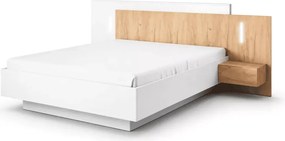 Łóżko Volio 160x200 – nowoczesne łóżko sypialniane z szafkami nocnymi i oświetleniem LED – biały mat / dąb craft złoty