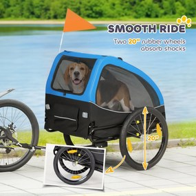 PawHut Przyczepka rowerowa dla psa, składana, z odblaskami, siatkowymi oknami, kołami, drzwiami, flagą bezpieczeństwa, dla psów do 20 kg, 138x70x89 cm, niebieska | Aosom PL